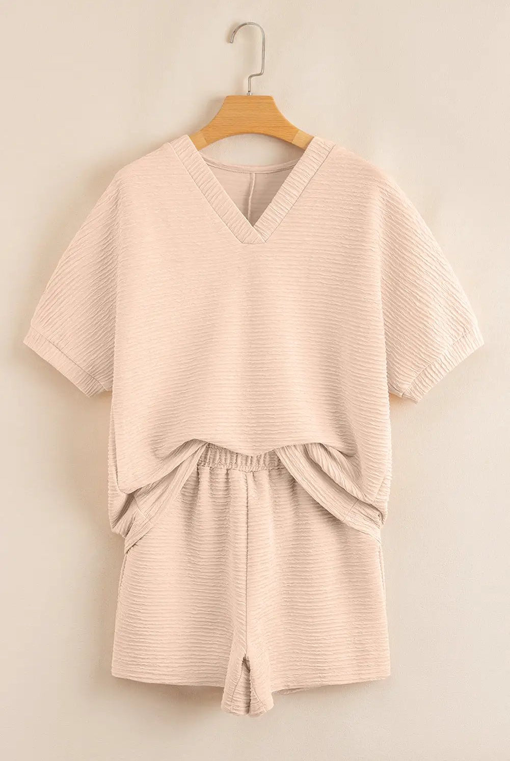 Grateful Threads Boutique Apricot Textured V Neck T-Shirt & Shorts Set – Effortless Summer Chic - Outfit Sets Apricot Textured V Neck T Shirt and Shorts Set