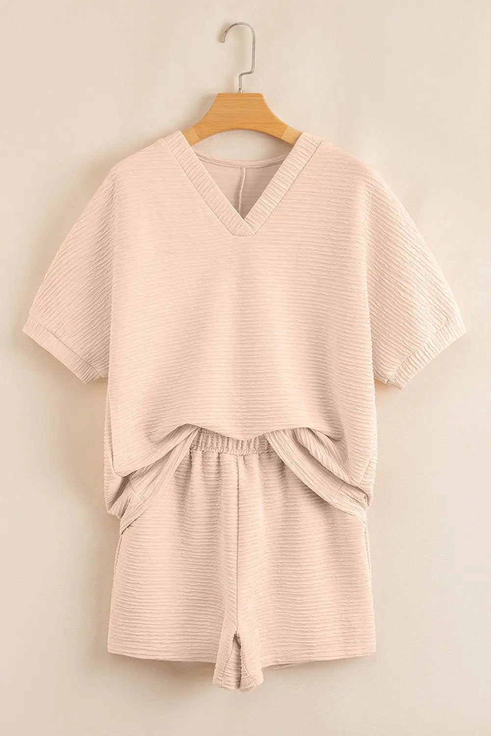 Grateful Threads Boutique Apricot Textured V Neck T-Shirt & Shorts Set – Effortless Summer Chic - Outfit Sets Apricot Textured V Neck T Shirt and Shorts Set
