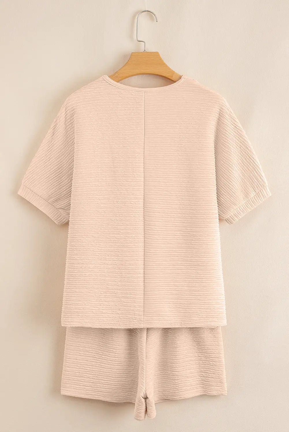 Grateful Threads Boutique Apricot Textured V Neck T-Shirt & Shorts Set – Effortless Summer Chic - Outfit Sets Apricot Textured V Neck T Shirt and Shorts Set
