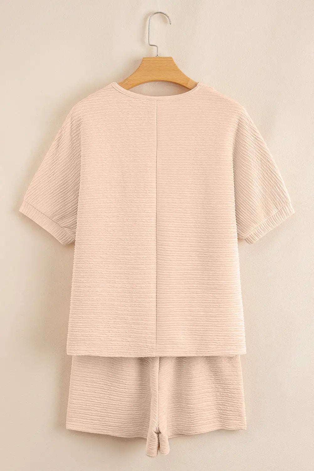 Grateful Threads Boutique Apricot Textured V Neck T-Shirt & Shorts Set – Effortless Summer Chic - Outfit Sets Apricot Textured V Neck T Shirt and Shorts Set