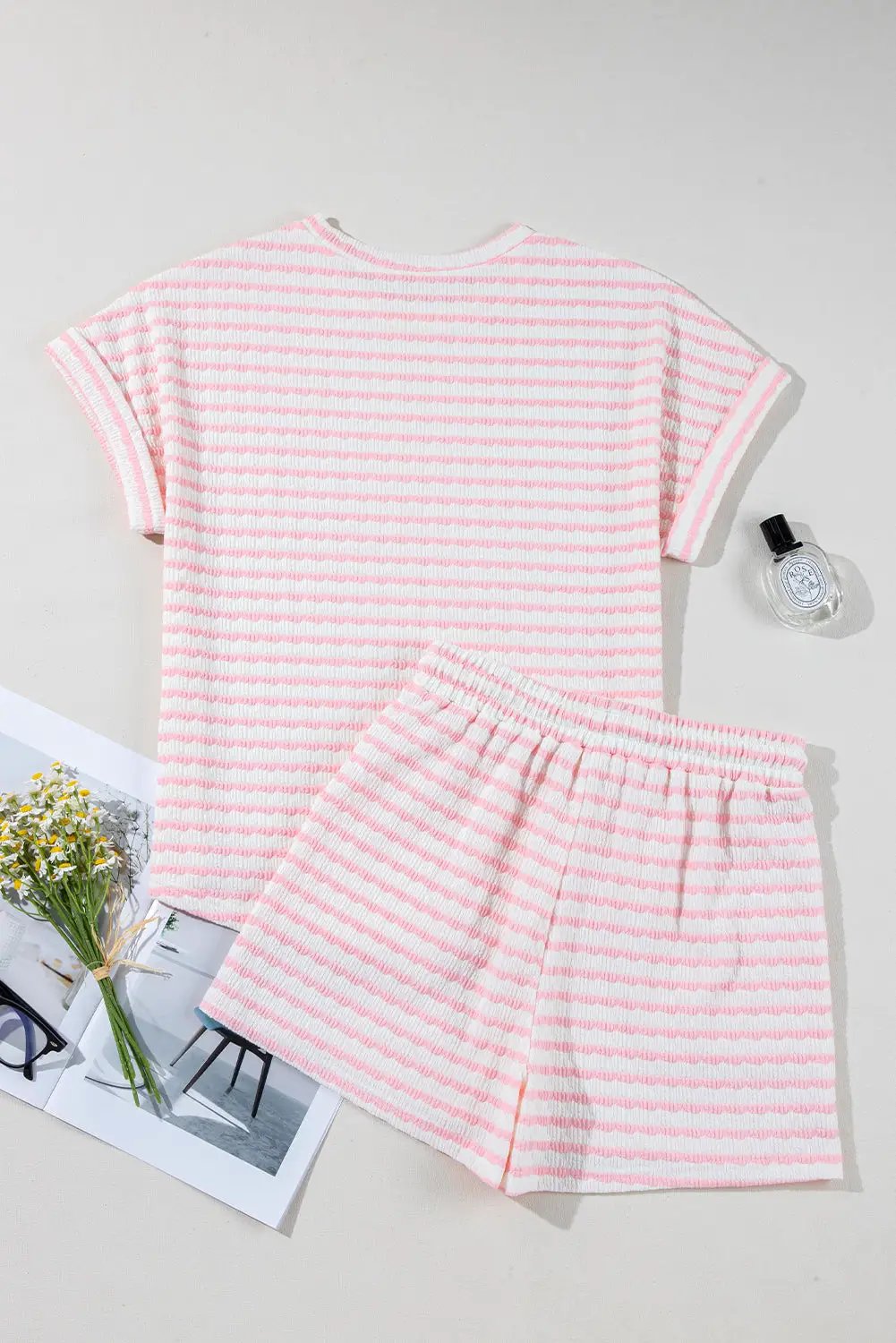 Grateful Threads Boutique Pink Stripe Knit Short Sleeve Top & Drawstring Shorts Set – Trendy Lounge Look - Outfit Sets Pink Stripe Knitted Short Sleeve Top and Drawstring Shorts Set