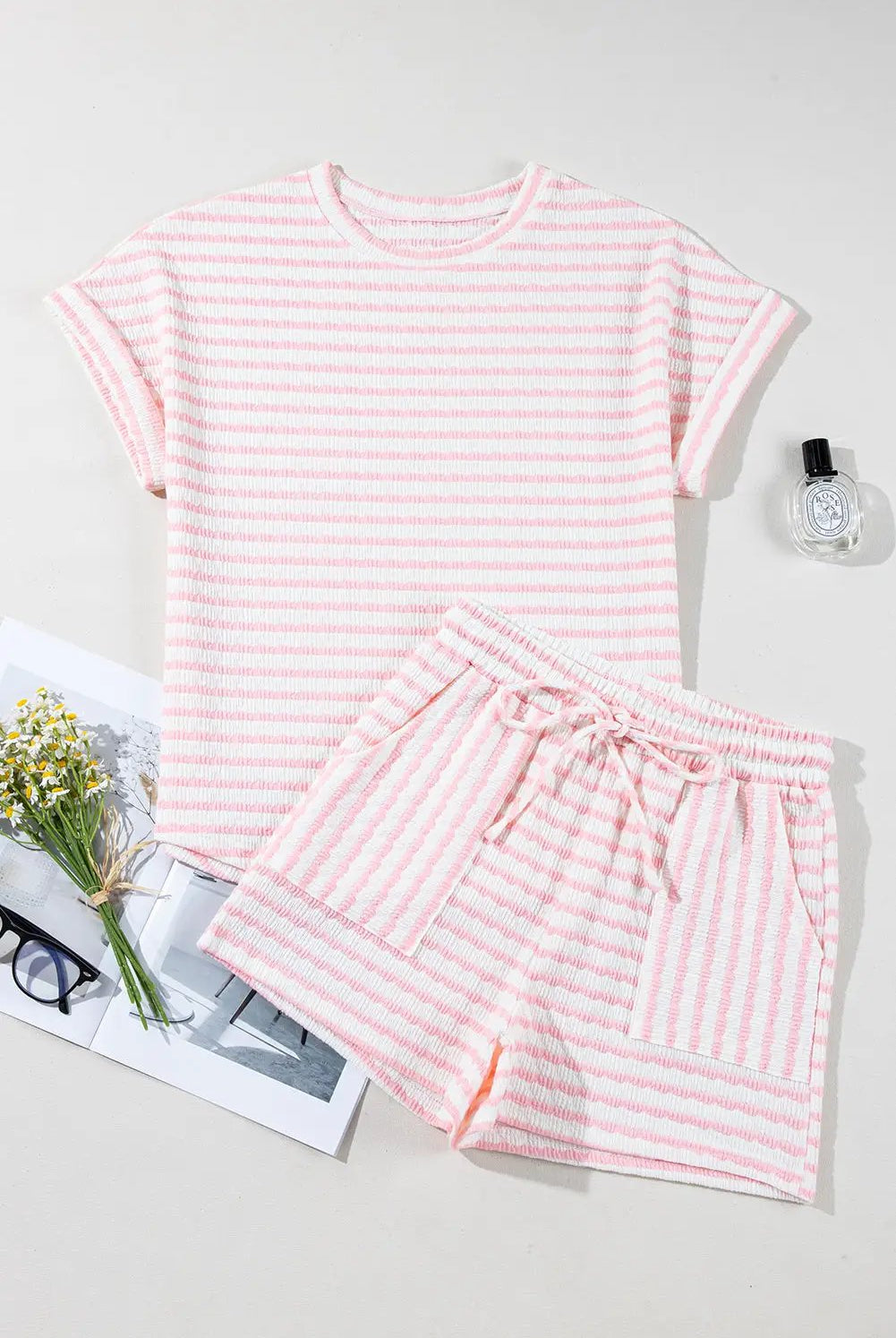Grateful Threads Boutique Pink Stripe Knit Short Sleeve Top & Drawstring Shorts Set – Trendy Lounge Look - Outfit Sets Pink Stripe Knitted Short Sleeve Top and Drawstring Shorts Set