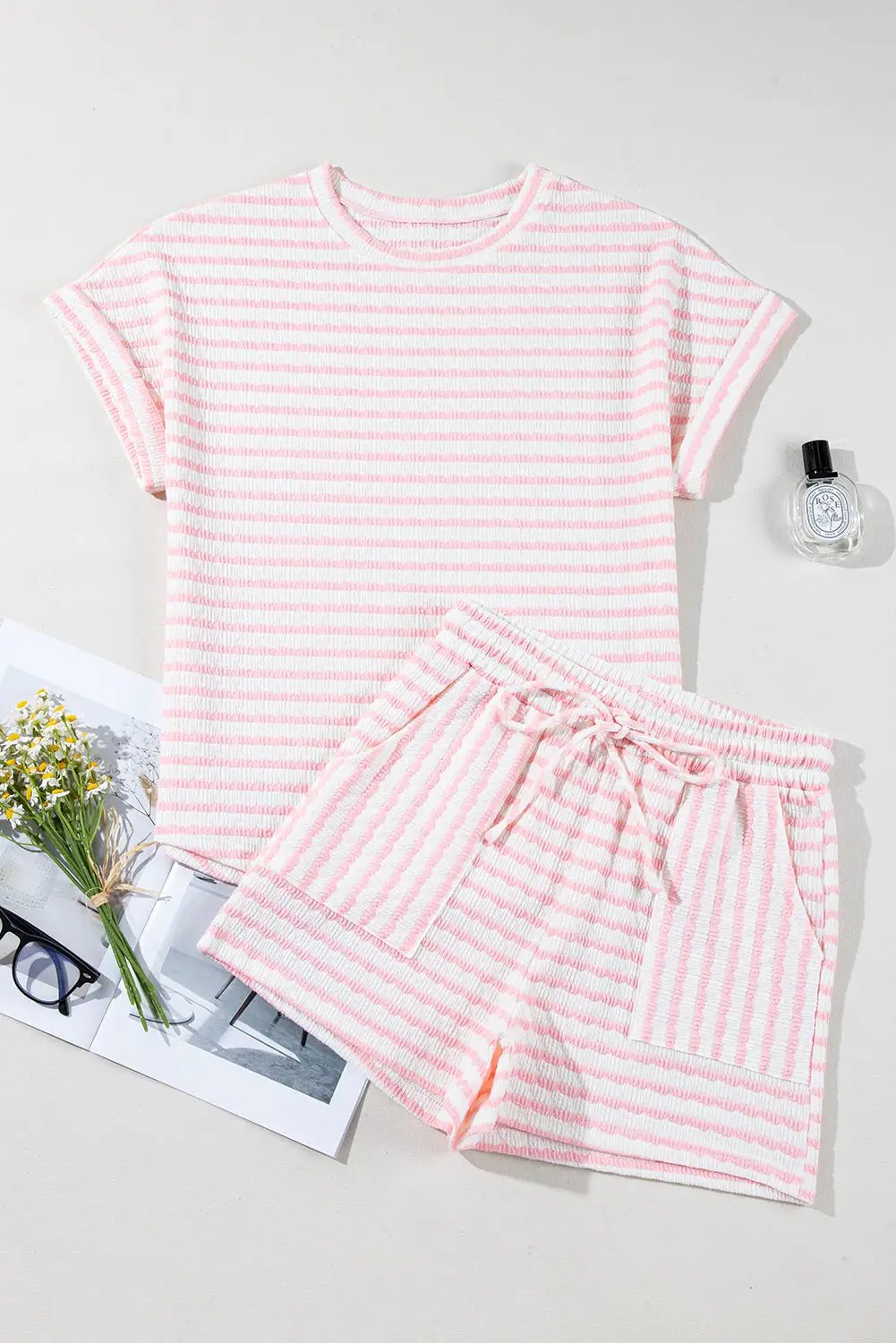 Grateful Threads Boutique Pink Stripe Knit Short Sleeve Top & Drawstring Shorts Set – Trendy Lounge Look - Outfit Sets Pink Stripe Knitted Short Sleeve Top and Drawstring Shorts Set