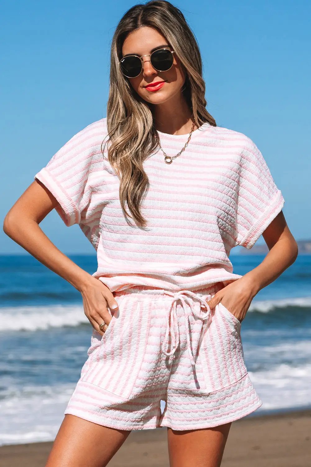 Grateful Threads Boutique Pink Stripe Knit Short Sleeve Top & Drawstring Shorts Set – Trendy Lounge Look - Outfit Sets Pink Stripe Knitted Short Sleeve Top and Drawstring Shorts Set