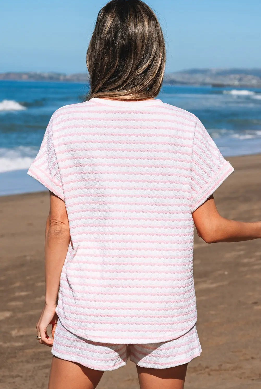 Grateful Threads Boutique Pink Stripe Knit Short Sleeve Top & Drawstring Shorts Set – Trendy Lounge Look - Outfit Sets Pink Stripe Knitted Short Sleeve Top and Drawstring Shorts Set