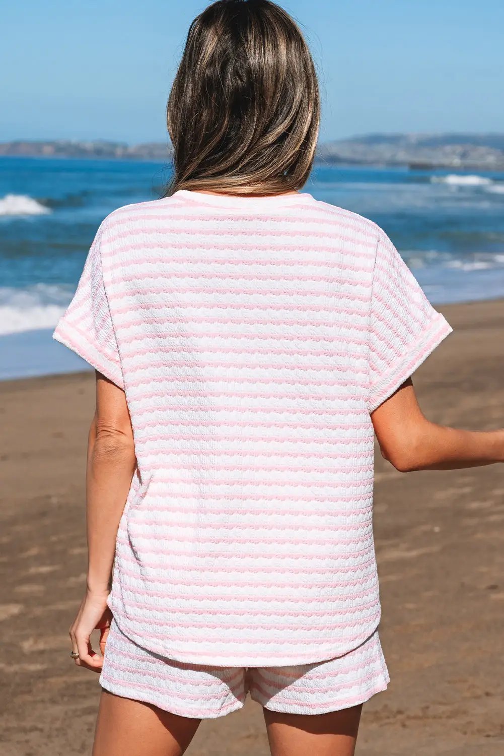 Grateful Threads Boutique Pink Stripe Knit Short Sleeve Top & Drawstring Shorts Set – Trendy Lounge Look - Outfit Sets Pink Stripe Knitted Short Sleeve Top and Drawstring Shorts Set