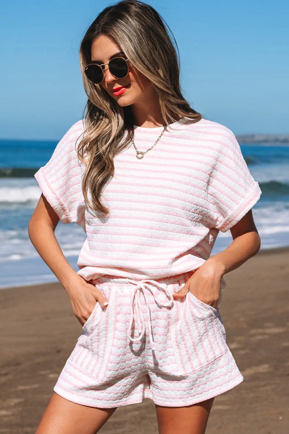 Grateful Threads Boutique Pink Stripe Knit Short Sleeve Top & Drawstring Shorts Set – Trendy Lounge Look - Outfit Sets Pink Stripe Knitted Short Sleeve Top and Drawstring Shorts Set