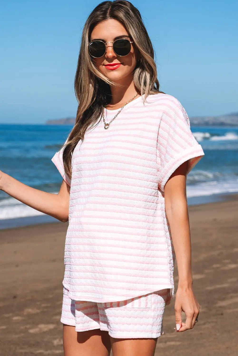 Grateful Threads Boutique Pink Stripe Knit Short Sleeve Top & Drawstring Shorts Set – Trendy Lounge Look - Outfit Sets Pink Stripe Knitted Short Sleeve Top and Drawstring Shorts Set