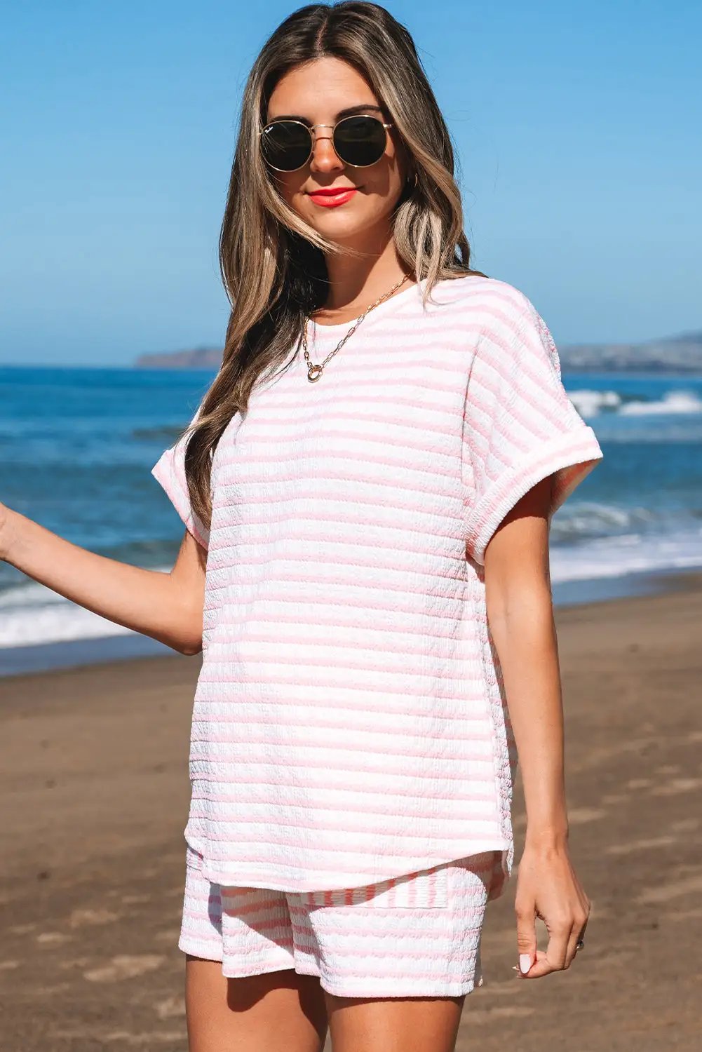 Grateful Threads Boutique Pink Stripe Knit Short Sleeve Top & Drawstring Shorts Set – Trendy Lounge Look - Outfit Sets Pink Stripe Knitted Short Sleeve Top and Drawstring Shorts Set