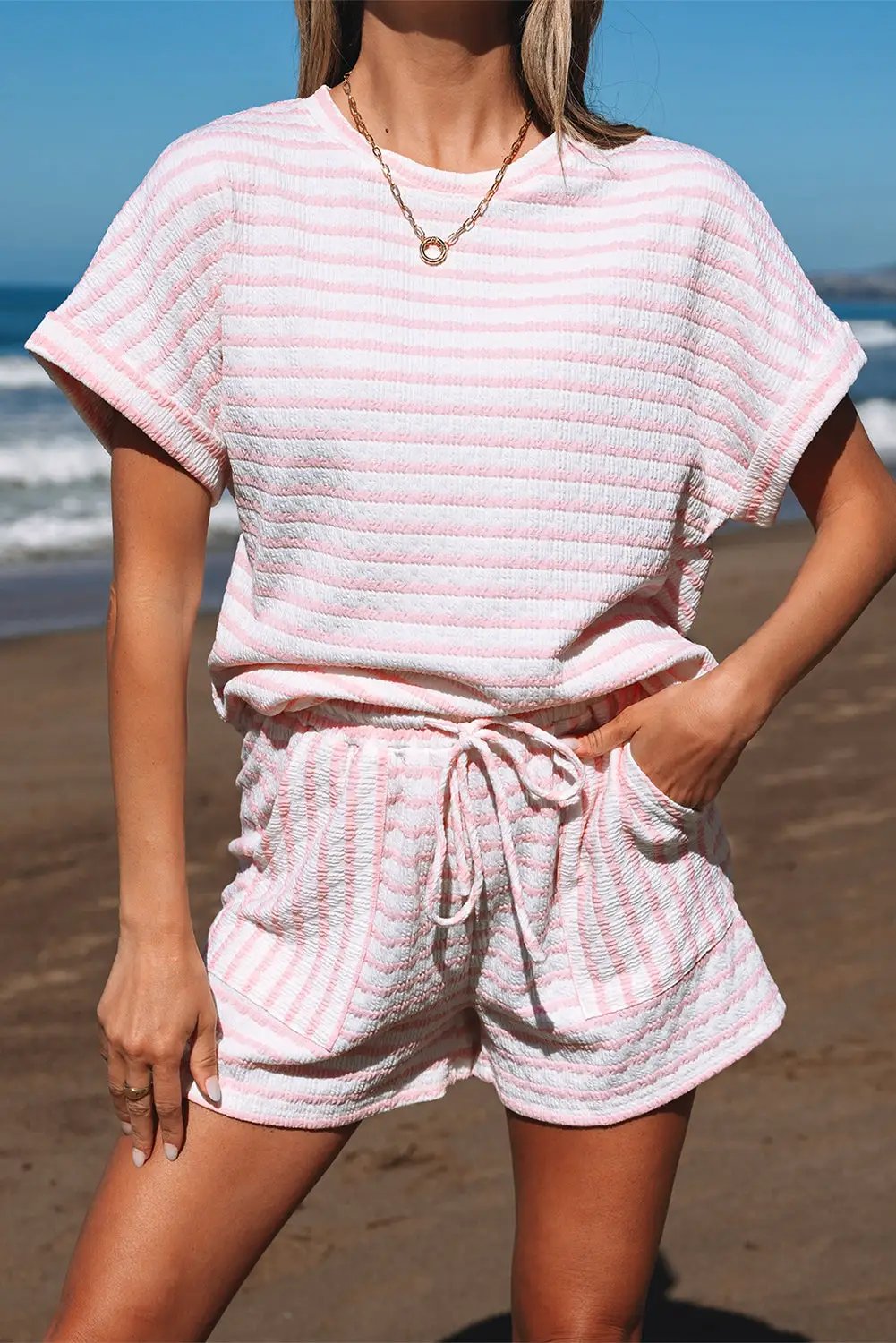 Grateful Threads Boutique Pink Stripe Knit Short Sleeve Top & Drawstring Shorts Set – Trendy Lounge Look - Outfit Sets Pink Stripe Knitted Short Sleeve Top and Drawstring Shorts Set