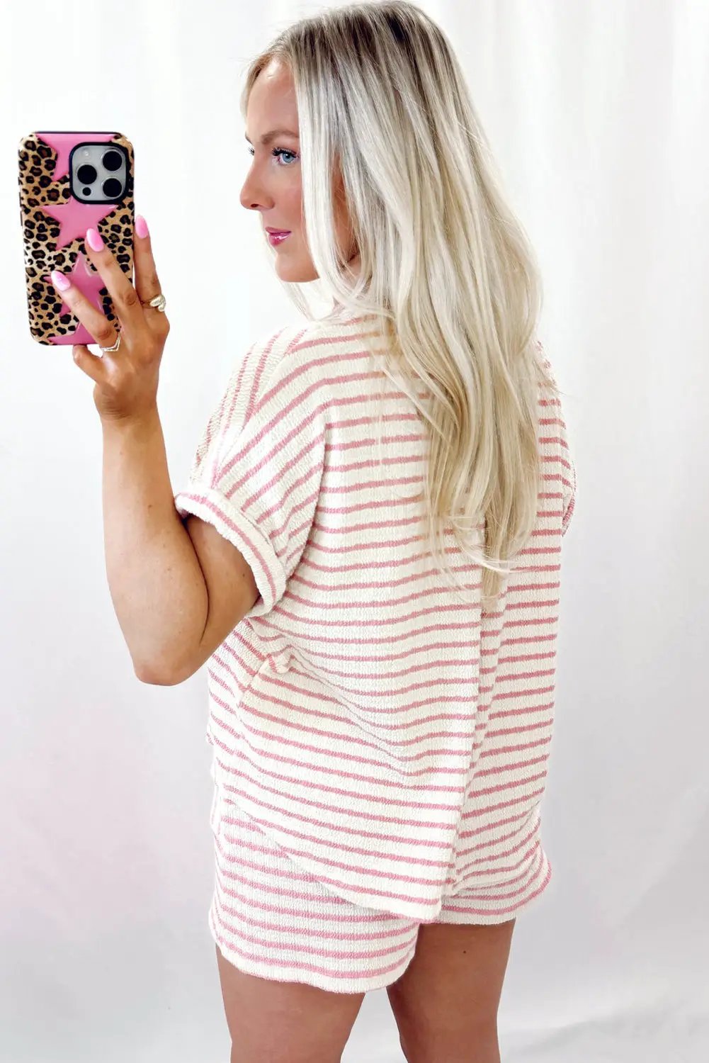 Grateful Threads Boutique Pink Stripe Knit Short Sleeve Top & Drawstring Shorts Set – Trendy Lounge Look - Outfit Sets Pink Stripe Knitted Short Sleeve Top and Drawstring Shorts Set