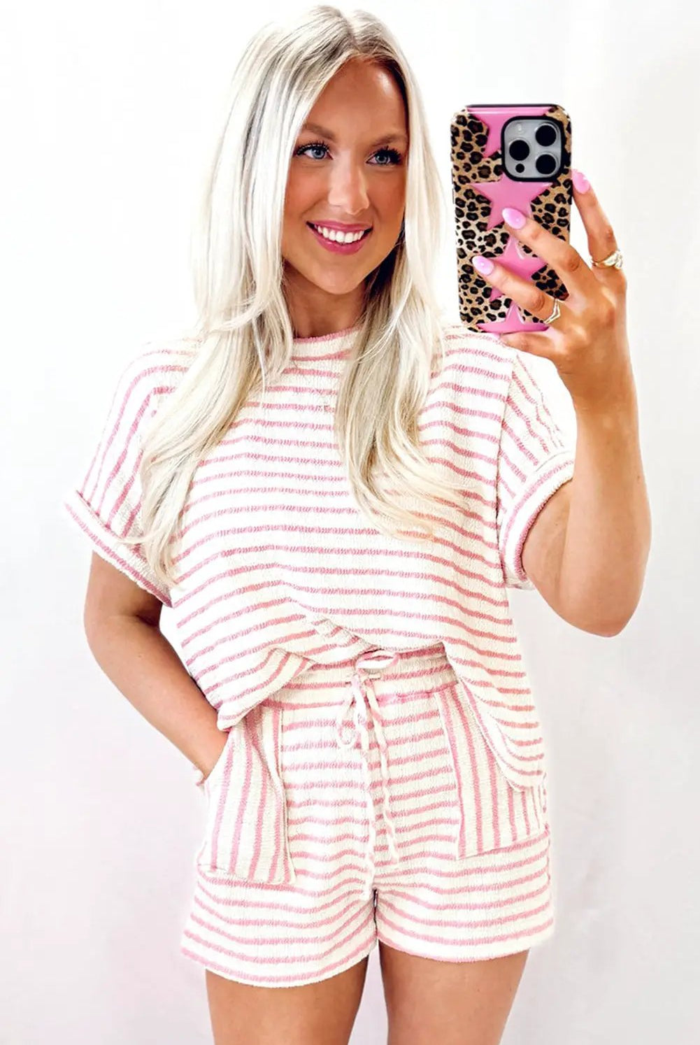 Grateful Threads Boutique Pink Stripe Knit Short Sleeve Top & Drawstring Shorts Set – Trendy Lounge Look - Outfit Sets Pink Stripe Knitted Short Sleeve Top and Drawstring Shorts Set