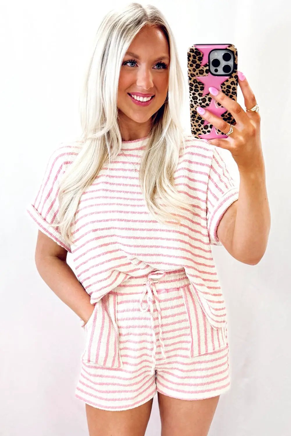 Grateful Threads Boutique Pink Stripe Knit Short Sleeve Top & Drawstring Shorts Set – Trendy Lounge Look - Outfit Sets Pink Stripe Knitted Short Sleeve Top and Drawstring Shorts Set