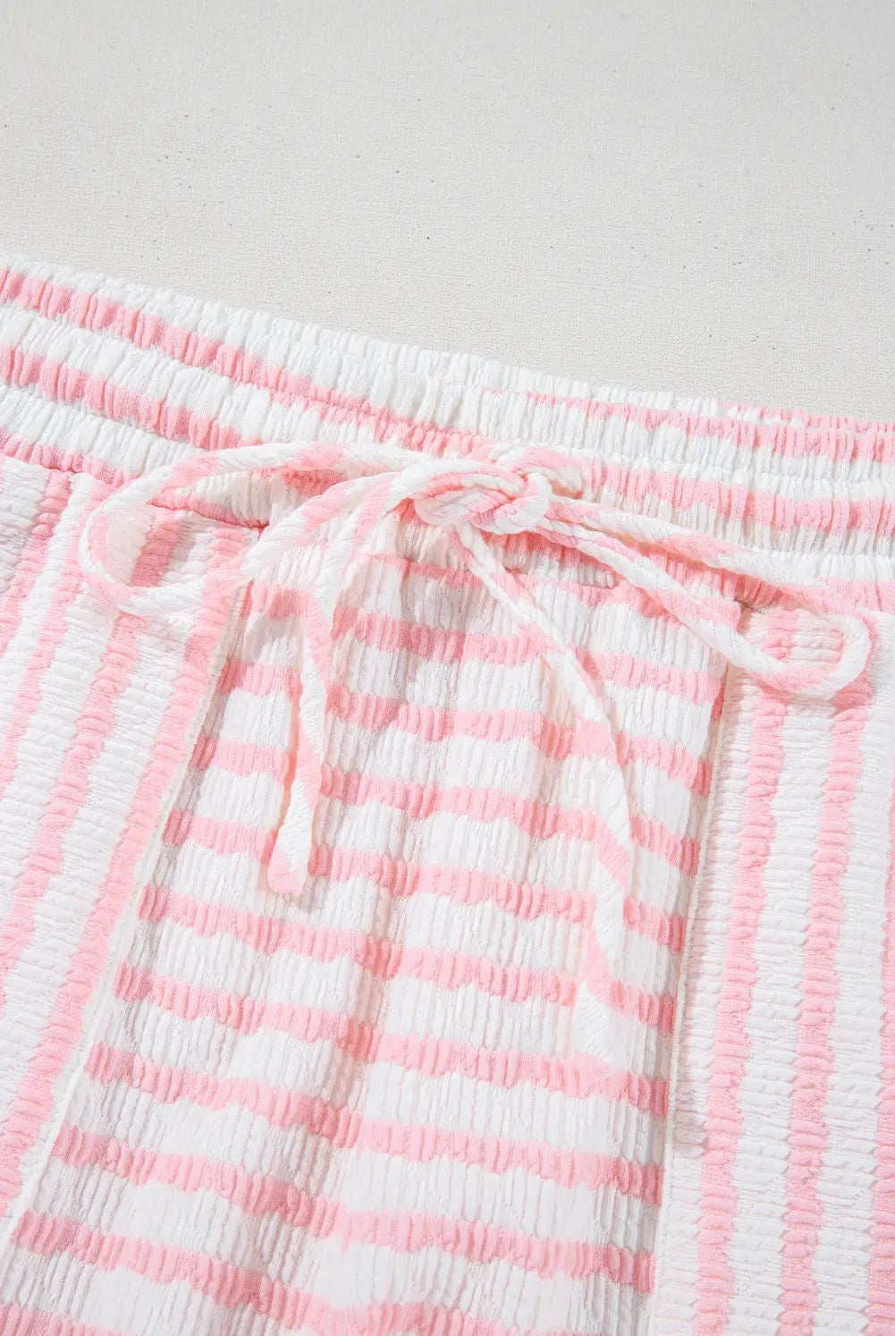 Grateful Threads Boutique Pink Stripe Knit Short Sleeve Top & Drawstring Shorts Set – Trendy Lounge Look - Outfit Sets Pink Stripe Knitted Short Sleeve Top and Drawstring Shorts Set