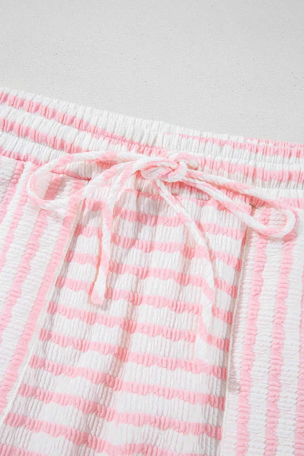 Grateful Threads Boutique Pink Stripe Knit Short Sleeve Top & Drawstring Shorts Set – Trendy Lounge Look - Outfit Sets Pink Stripe Knitted Short Sleeve Top and Drawstring Shorts Set