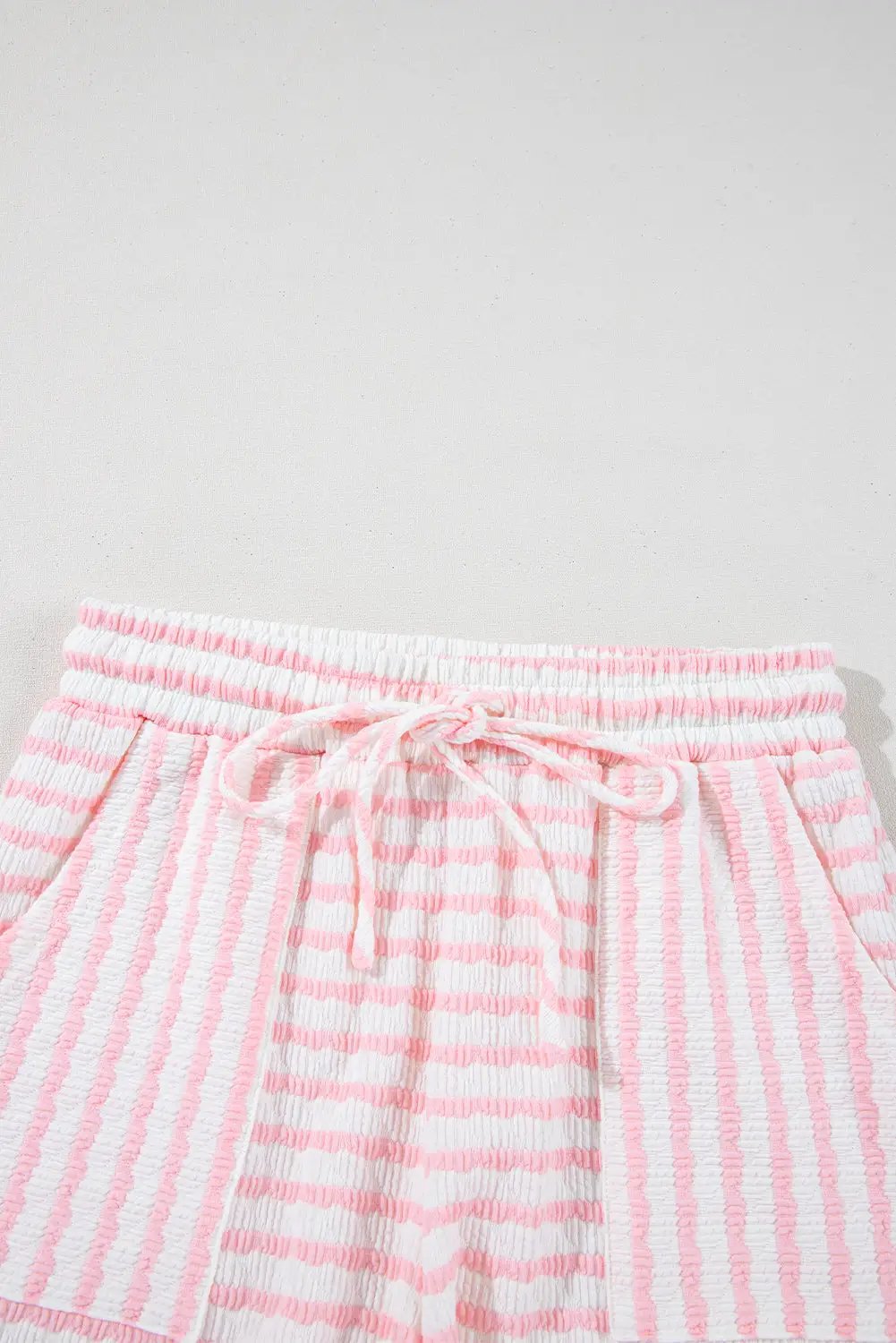Grateful Threads Boutique Pink Stripe Knit Short Sleeve Top & Drawstring Shorts Set – Trendy Lounge Look - Outfit Sets Pink Stripe Knitted Short Sleeve Top and Drawstring Shorts Set