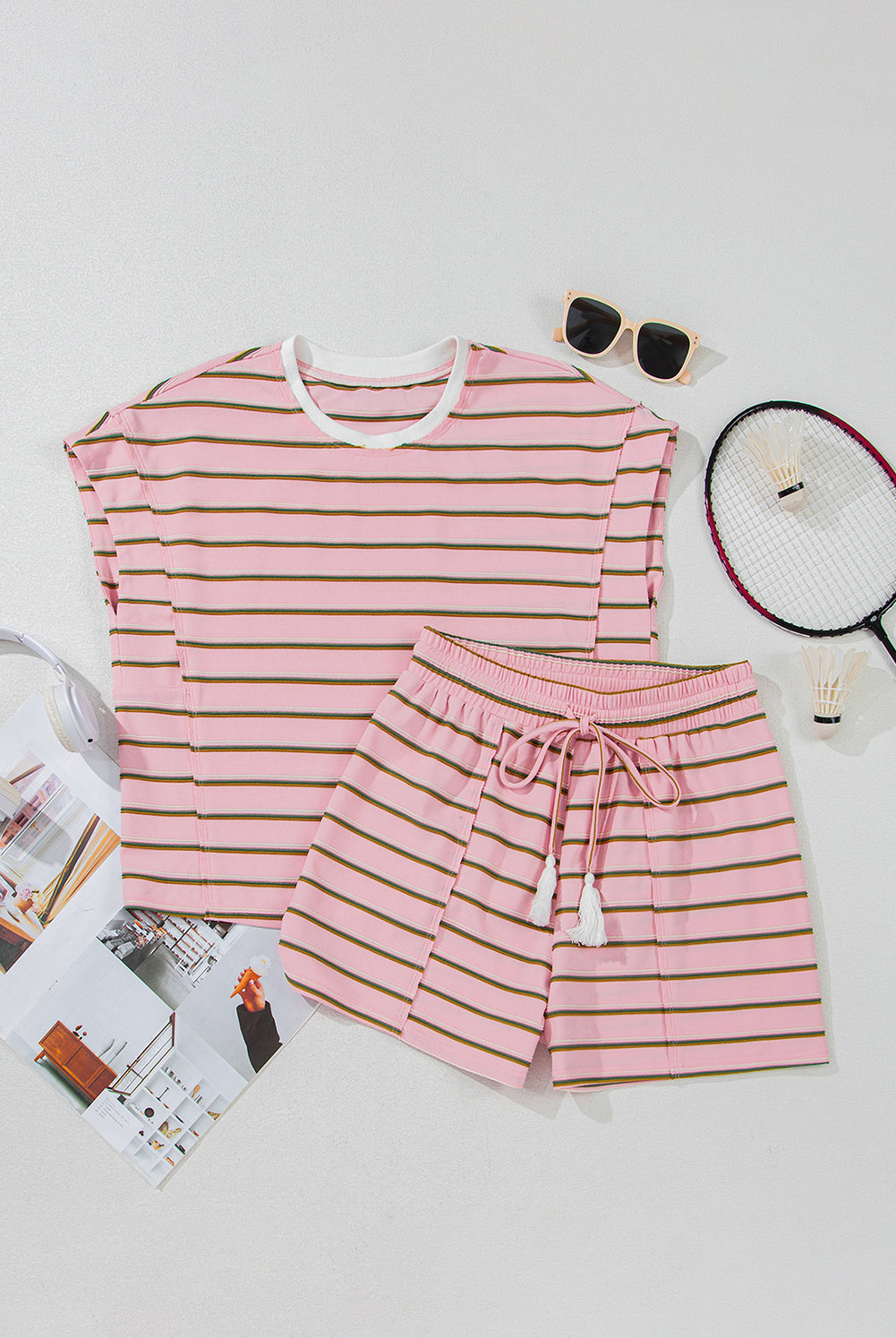 Grateful Threads Boutique The Pink Lemonade Stripe Lounge Set - Outfit Sets Pink Stripe Wide Short Sleeve Tee and Short Set