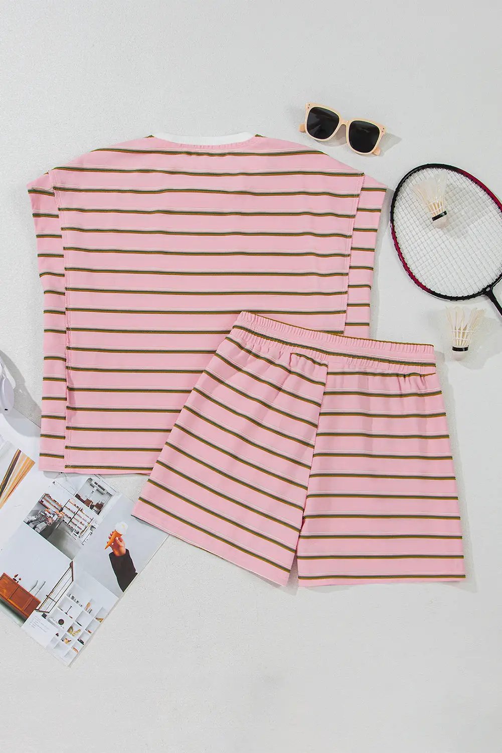 Grateful Threads Boutique The Pink Lemonade Stripe Lounge Set - Outfit Sets Pink Stripe Wide Short Sleeve Tee and Short Set