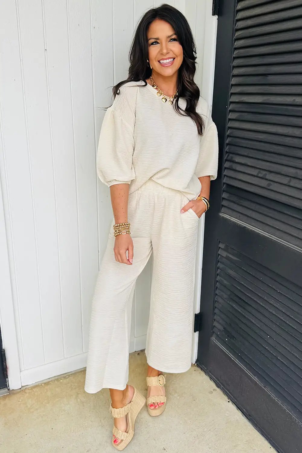 Grateful Threads Boutique Beige Textured Drop Shoulder Tee & Cropped Wide Leg Set - Outfit Sets Beige Textured 3/4 Sleeve Drop Shoulder Tee & Cropped Wide Leg Set