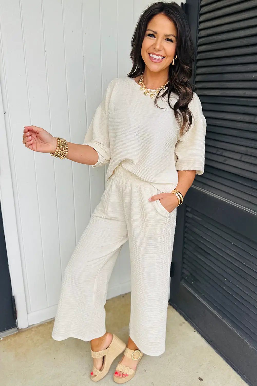 Grateful Threads Boutique Beige Textured Drop Shoulder Tee & Cropped Wide Leg Set - Outfit Sets Beige Textured 3/4 Sleeve Drop Shoulder Tee & Cropped Wide Leg Set