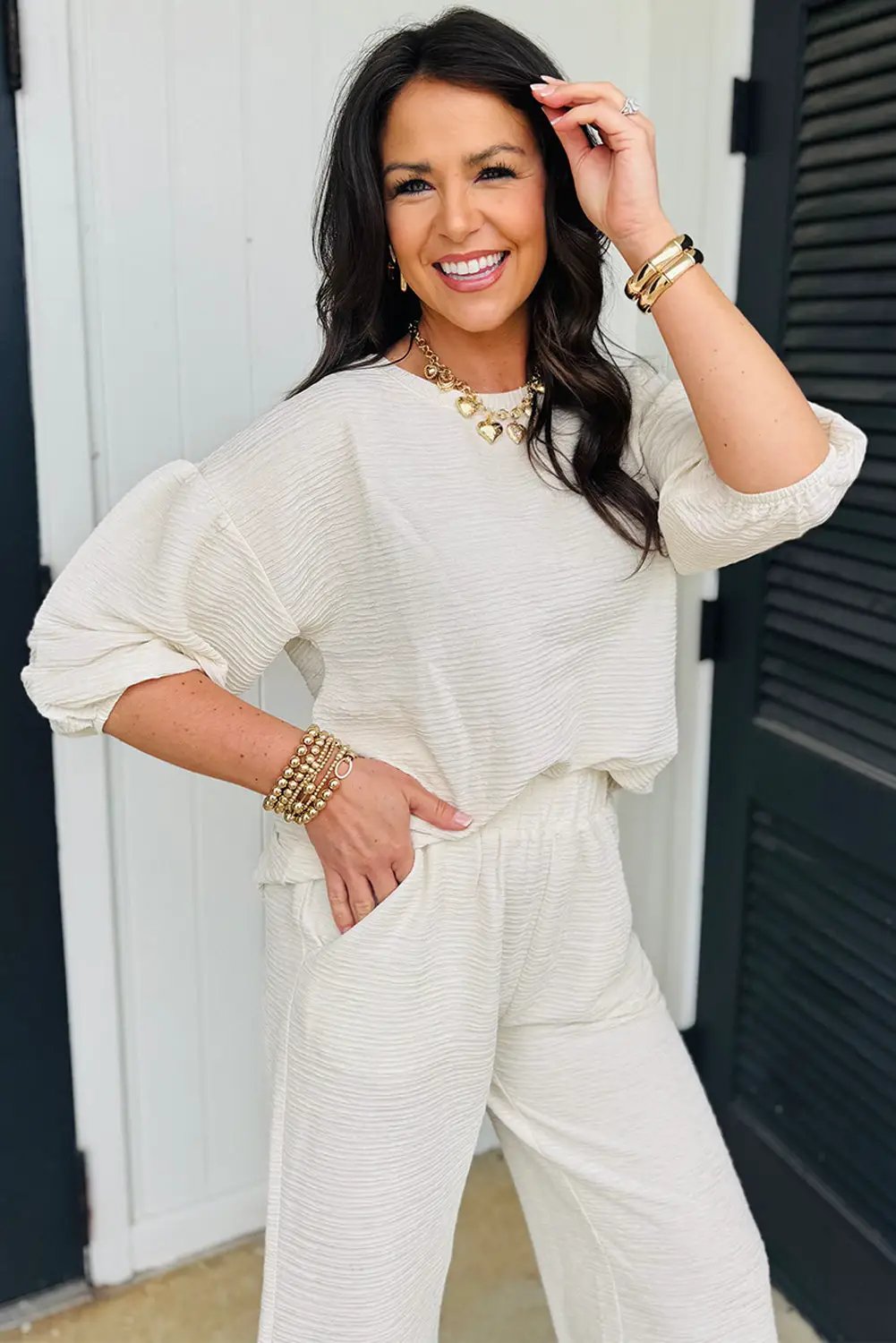 Grateful Threads Boutique Beige Textured Drop Shoulder Tee & Cropped Wide Leg Set - Outfit Sets Beige Textured 3/4 Sleeve Drop Shoulder Tee & Cropped Wide Leg Set