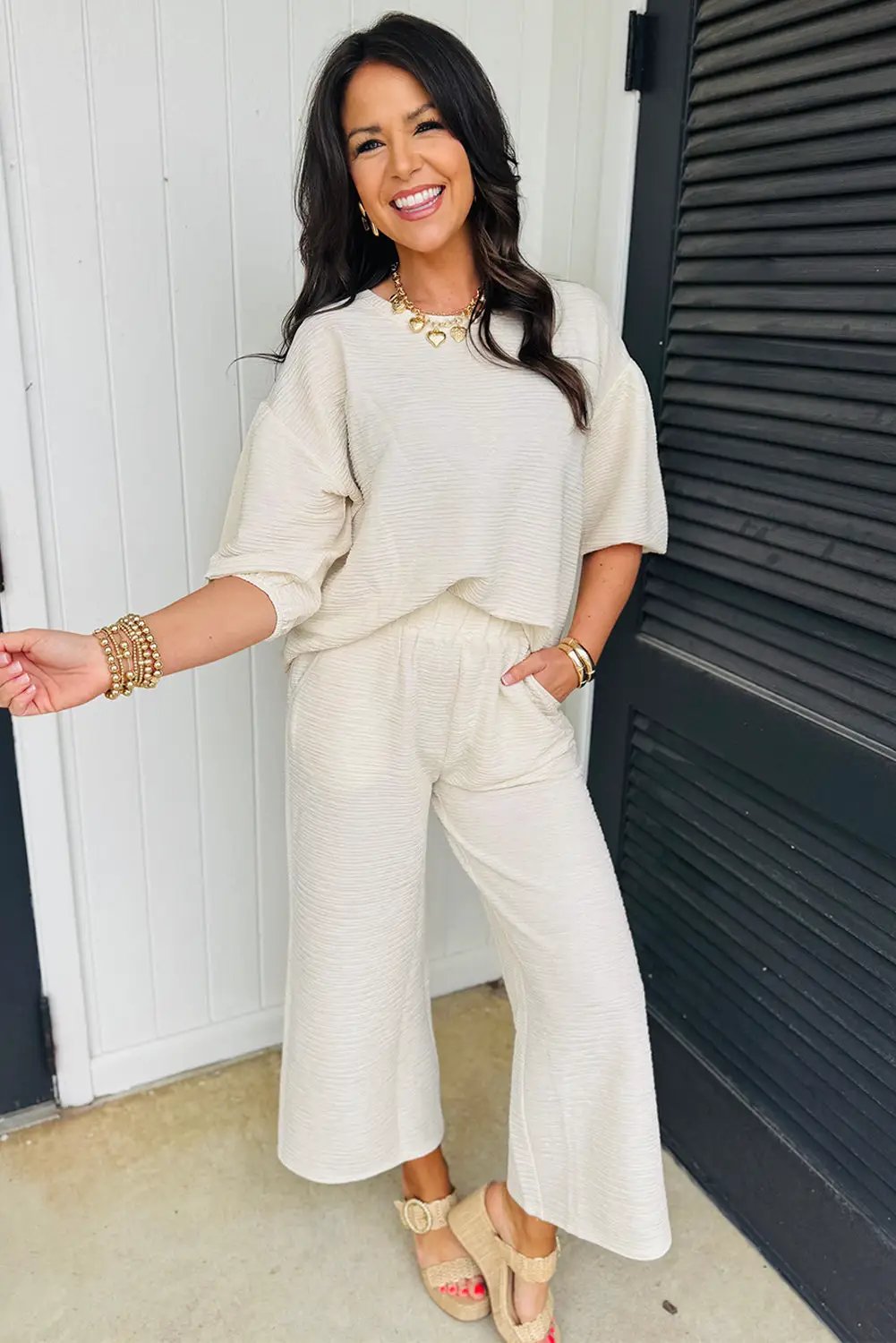 Grateful Threads Boutique Beige Textured Drop Shoulder Tee & Cropped Wide Leg Set - Outfit Sets Beige Textured 3/4 Sleeve Drop Shoulder Tee & Cropped Wide Leg Set