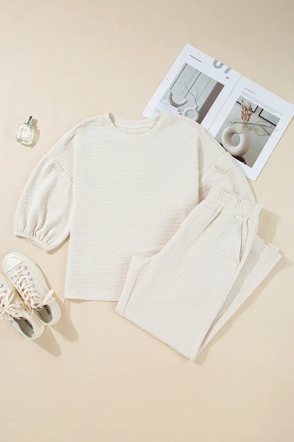Grateful Threads Boutique Beige Textured Drop Shoulder Tee & Cropped Wide Leg Set - Outfit Sets Beige Textured 3/4 Sleeve Drop Shoulder Tee & Cropped Wide Leg Set