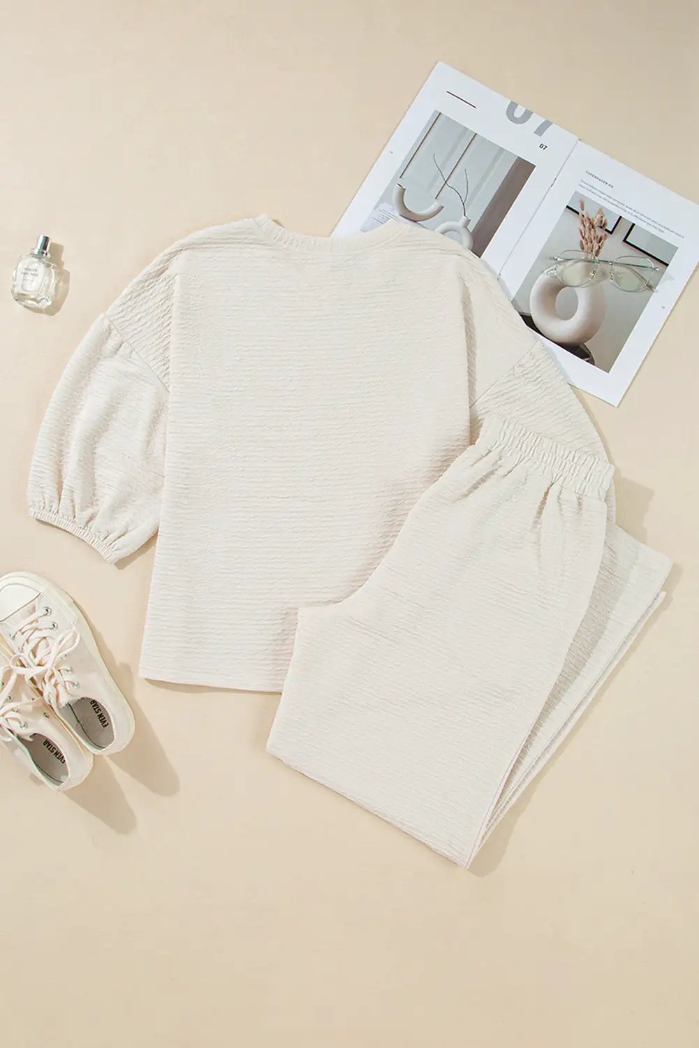 Grateful Threads Boutique Beige Textured Drop Shoulder Tee & Cropped Wide Leg Set - Outfit Sets Beige Textured 3/4 Sleeve Drop Shoulder Tee & Cropped Wide Leg Set