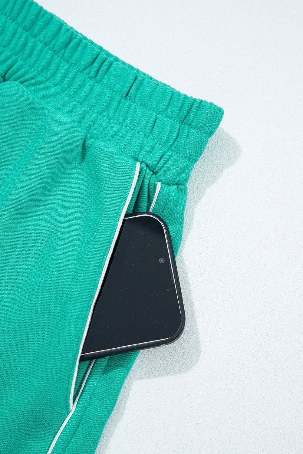 Grateful Threads Boutique Dark Green Colorblock Trim V-Neck Pullover Top and Shorts Set - Outfit Sets