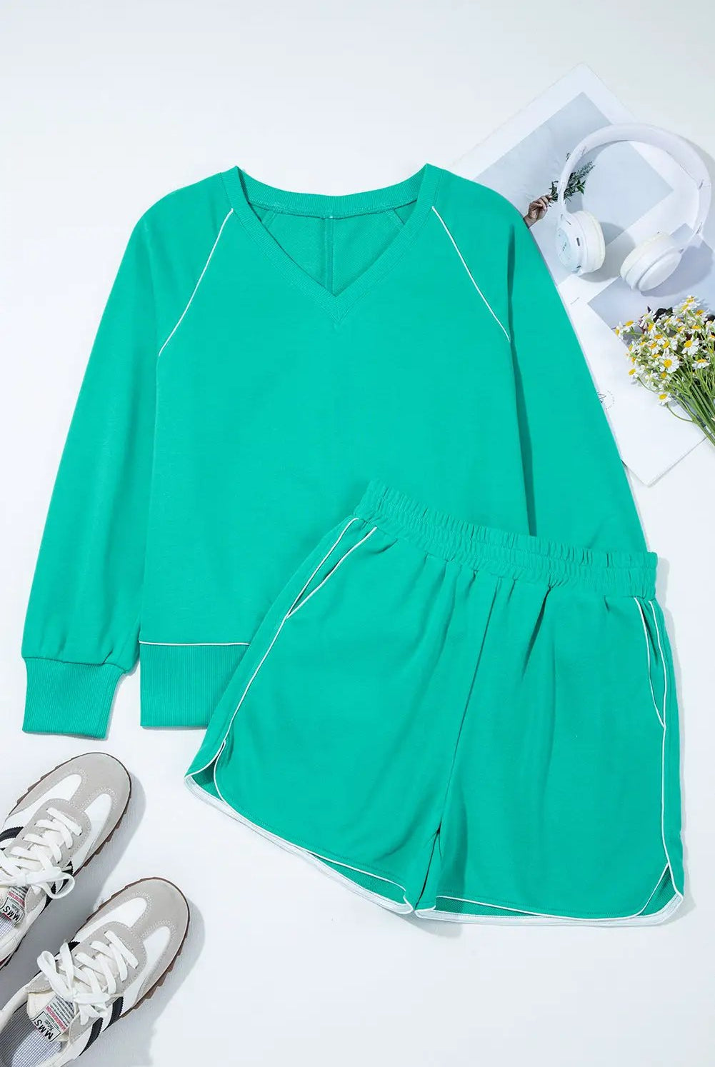Grateful Threads Boutique Dark Green Colorblock Trim V-Neck Pullover Top and Shorts Set - Outfit Sets