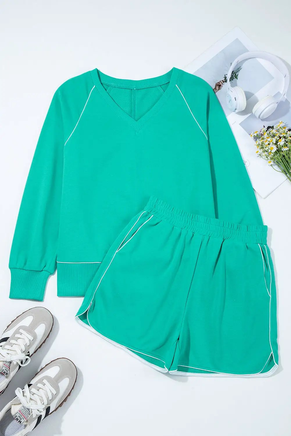 Grateful Threads Boutique Dark Green Colorblock Trim V-Neck Pullover Top and Shorts Set - Outfit Sets