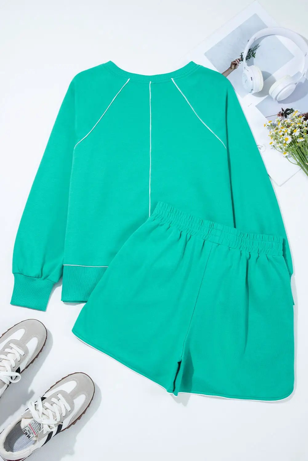 Grateful Threads Boutique Dark Green Colorblock Trim V-Neck Pullover Top and Shorts Set - Outfit Sets