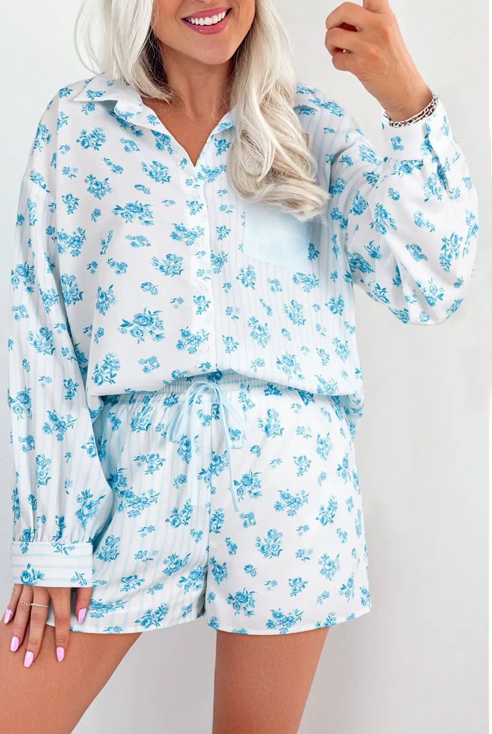 Grateful Threads Boutique Sky Blue Floral Striped Print PJ Set - Pajamas Sky Blue Floral Striped Print PJ Set