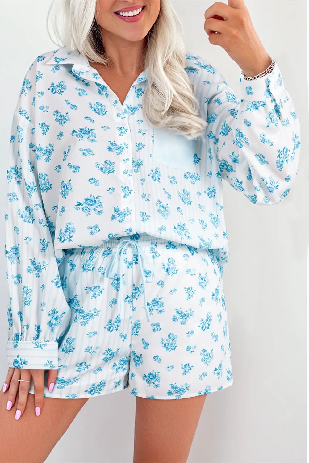Grateful Threads Boutique Sky Blue Floral Striped Print PJ Set - Pajamas Sky Blue Floral Striped Print PJ Set