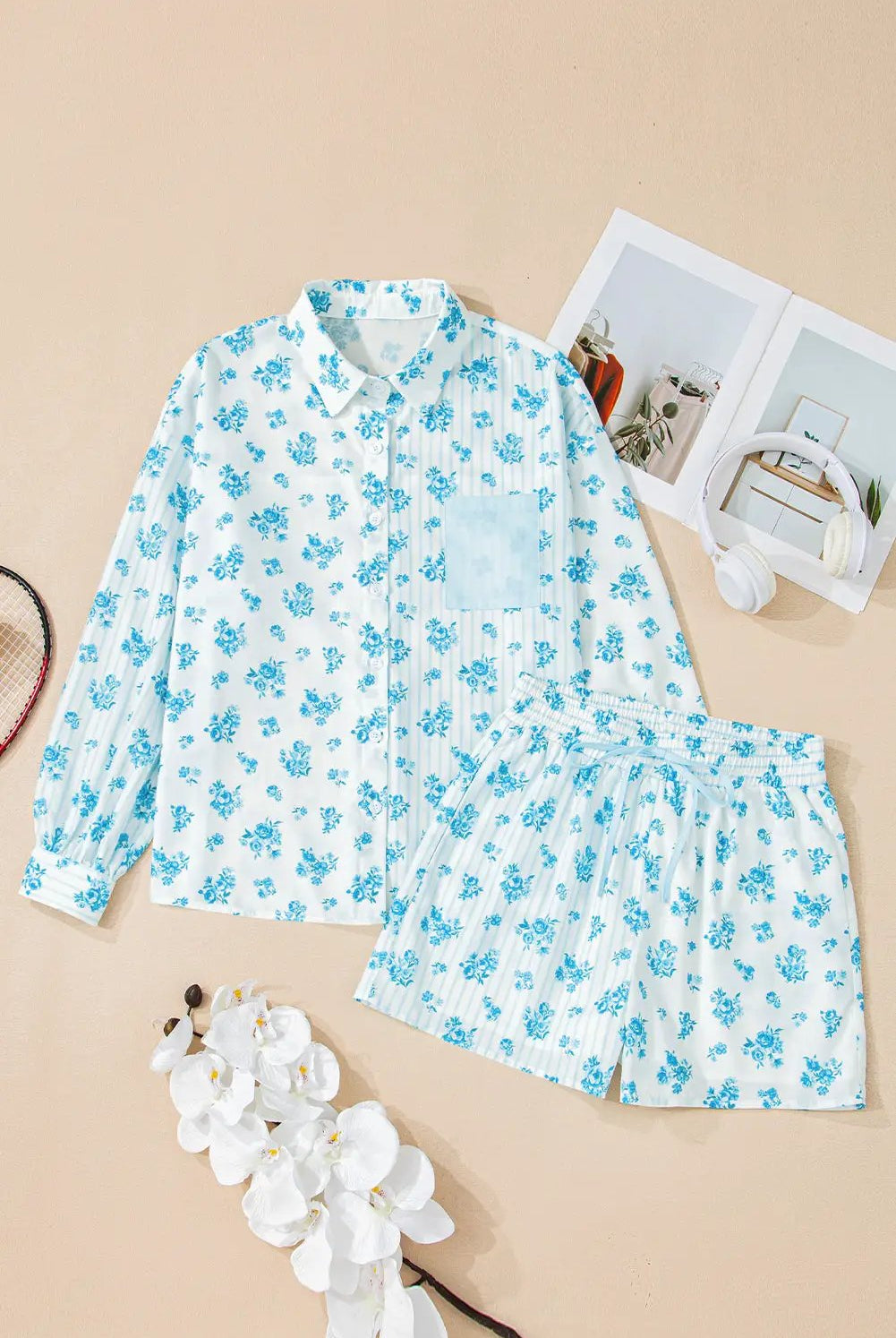 Grateful Threads Boutique Sky Blue Floral Striped Print PJ Set - Pajamas Sky Blue Floral Striped Print PJ Set