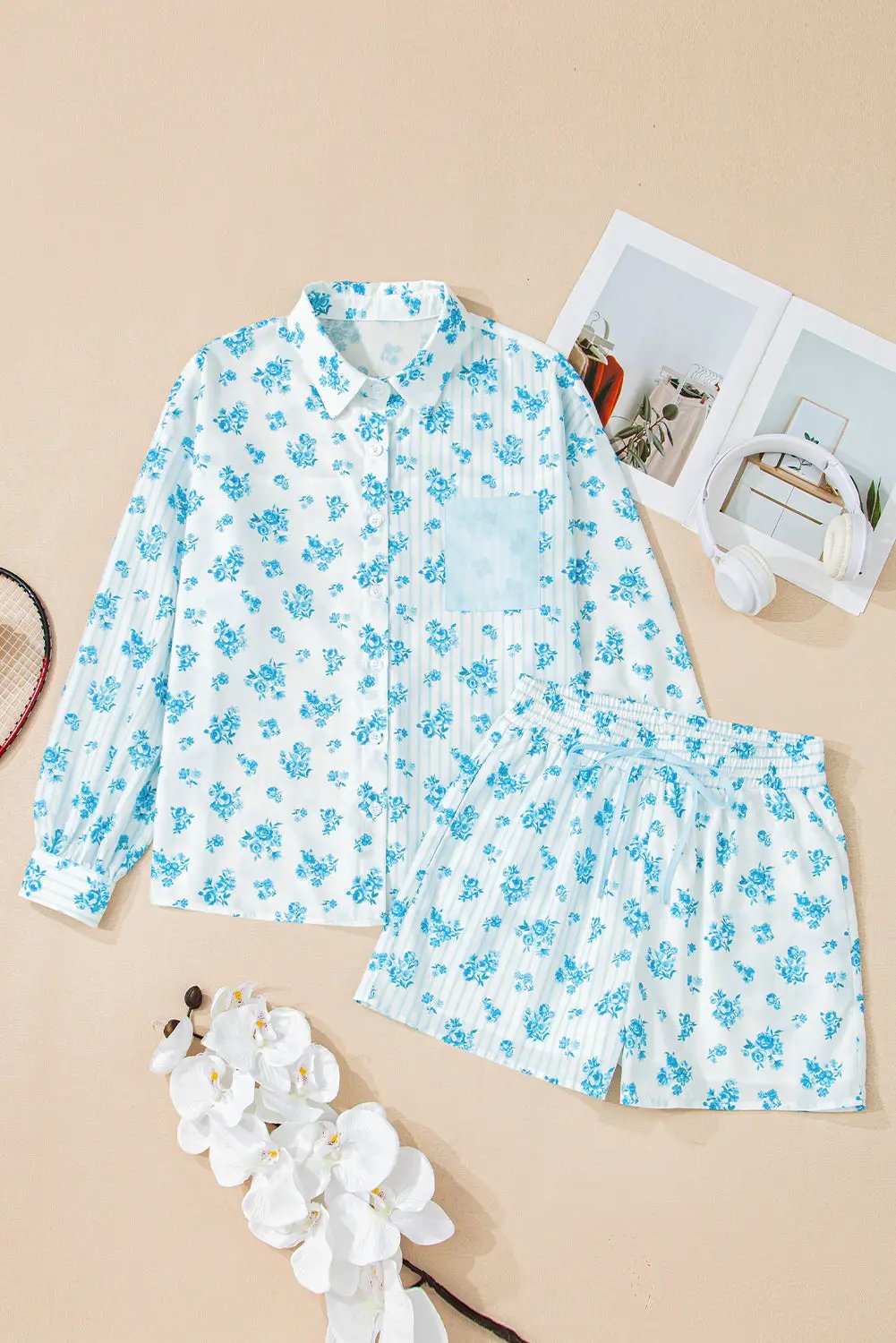 Grateful Threads Boutique Sky Blue Floral Striped Print PJ Set - Pajamas Sky Blue Floral Striped Print PJ Set