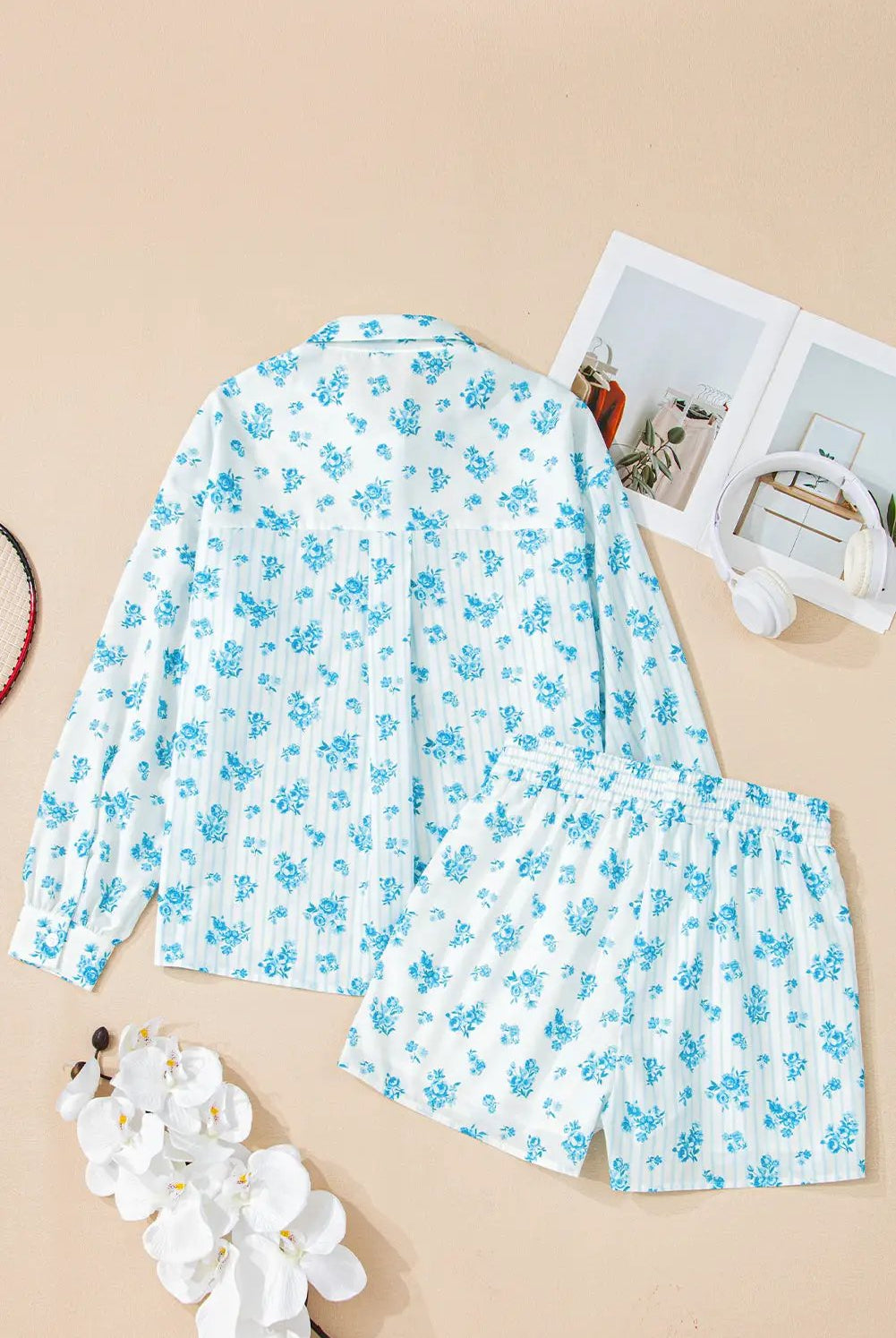 Grateful Threads Boutique Sky Blue Floral Striped Print PJ Set - Pajamas Sky Blue Floral Striped Print PJ Set