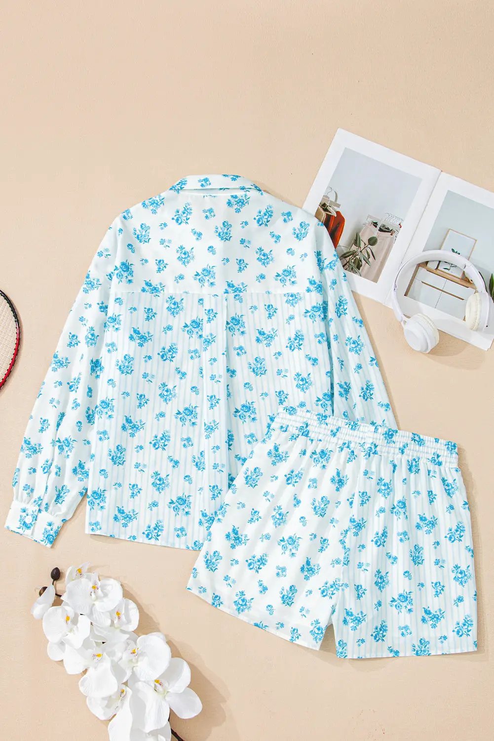 Grateful Threads Boutique Sky Blue Floral Striped Print PJ Set - Pajamas Sky Blue Floral Striped Print PJ Set