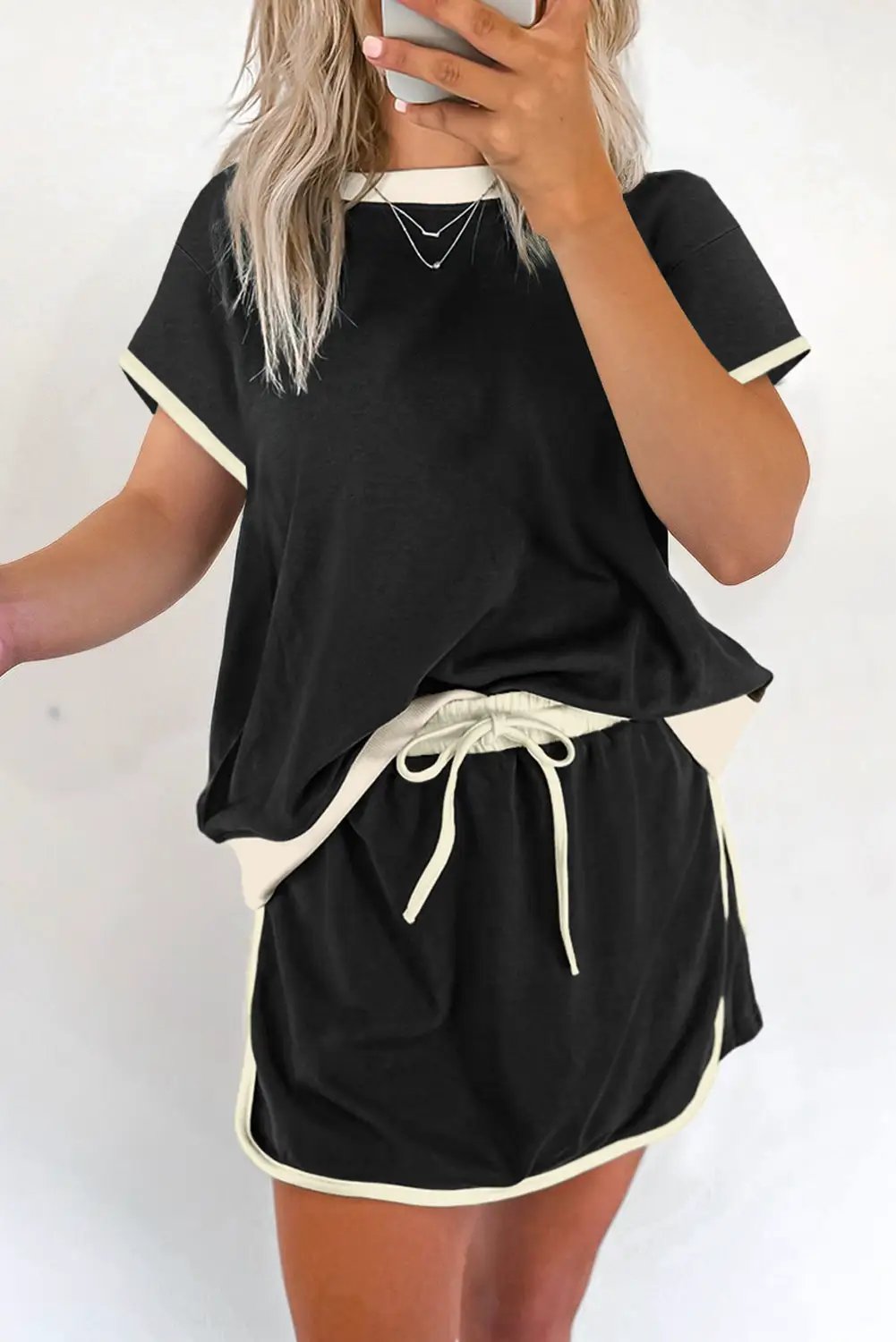 Grateful Threads Boutique Black Colorblock Edge Drop Shoulder T-Shirt and Skort Set - Outfit Sets Black Colorblock Edge Drop Shoulder T Shirt and Skort 2Pcs Set