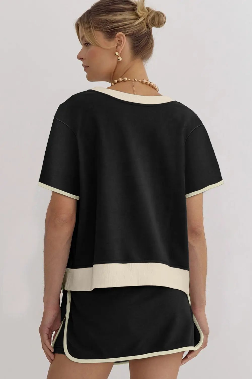 Grateful Threads Boutique Black Colorblock Edge Drop Shoulder T-Shirt and Skort Set - Outfit Sets Black Colorblock Edge Drop Shoulder T Shirt and Skort 2Pcs Set