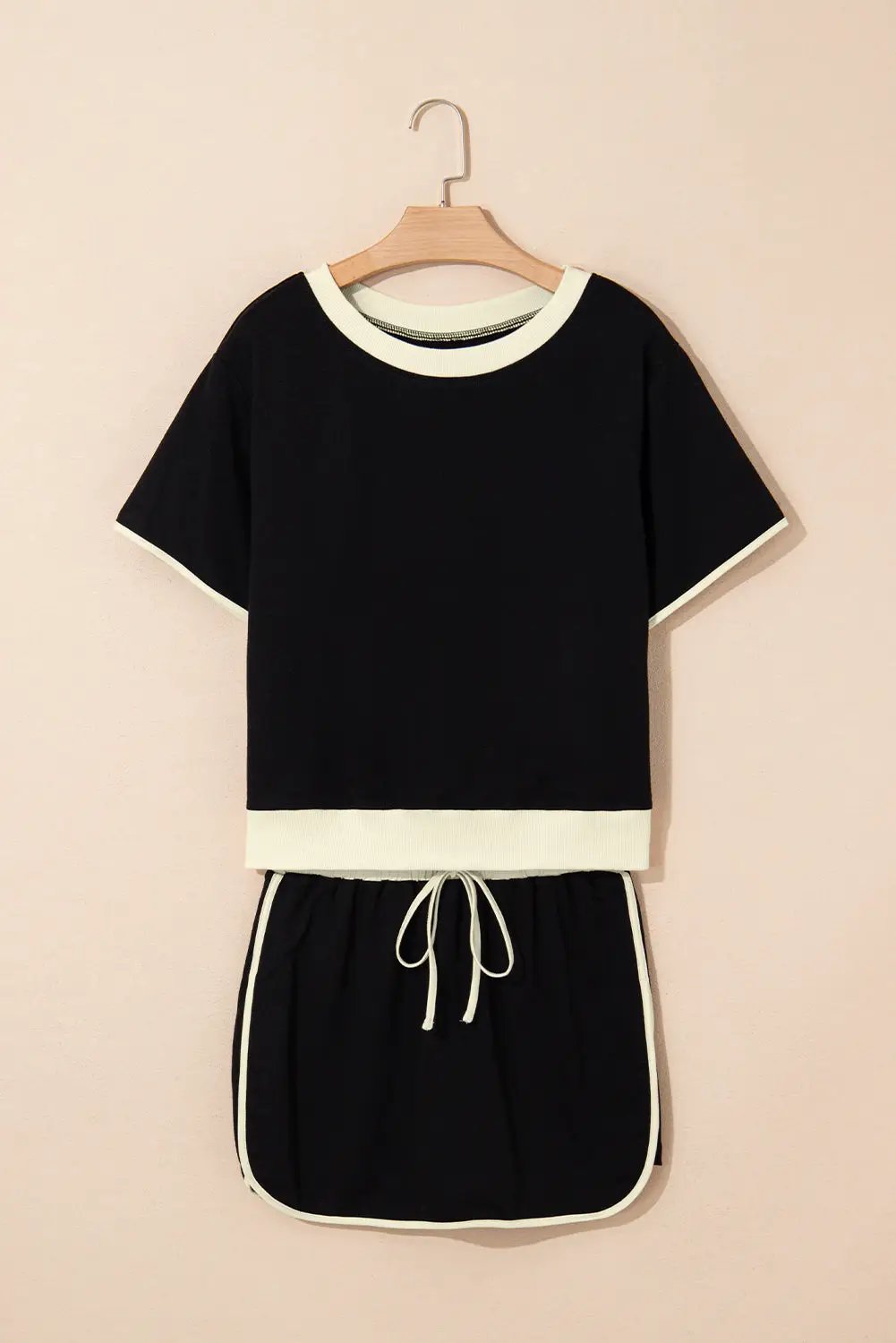 Grateful Threads Boutique Black Colorblock Edge Drop Shoulder T-Shirt and Skort Set - Outfit Sets Black Colorblock Edge Drop Shoulder T Shirt and Skort 2Pcs Set