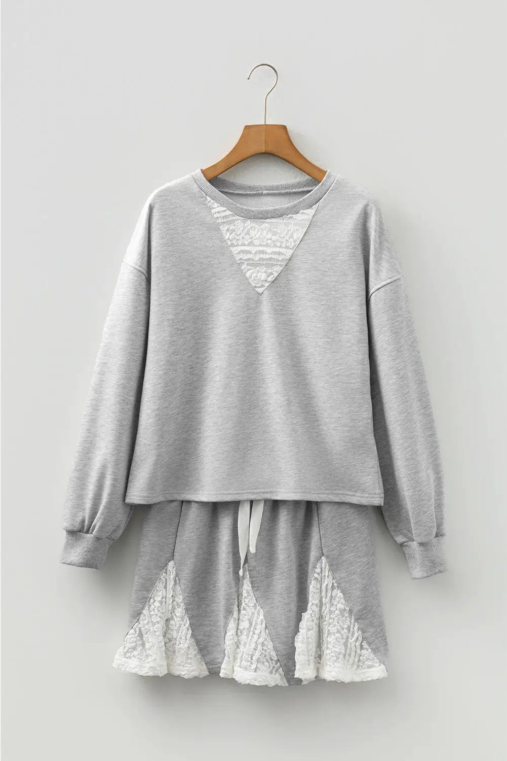Grateful Threads Boutique Light Grey Lace Patchwork Drop Shoulder Pullover Drawstring Skort 2pcs Outfit - Outfit Sets Light Grey Lace Patchwork Drop Shoulder Pullover Drawstring Skort 2pcs Outfit