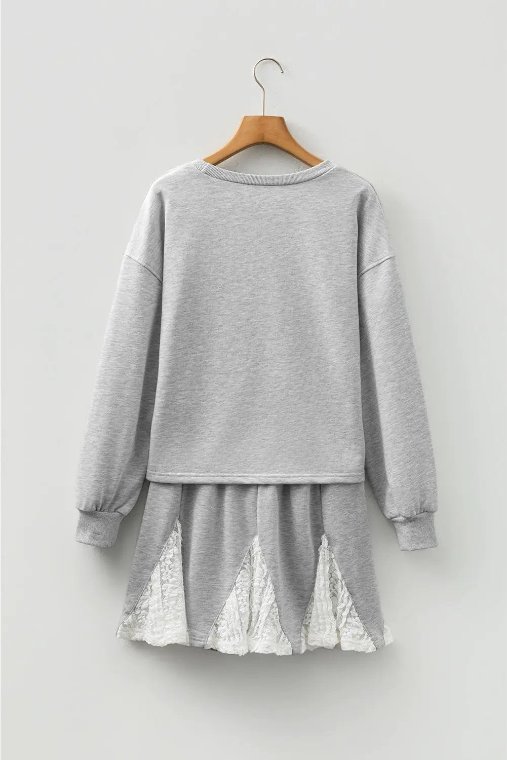Grateful Threads Boutique Light Grey Lace Patchwork Drop Shoulder Pullover Drawstring Skort 2pcs Outfit - Outfit Sets Light Grey Lace Patchwork Drop Shoulder Pullover Drawstring Skort 2pcs Outfit