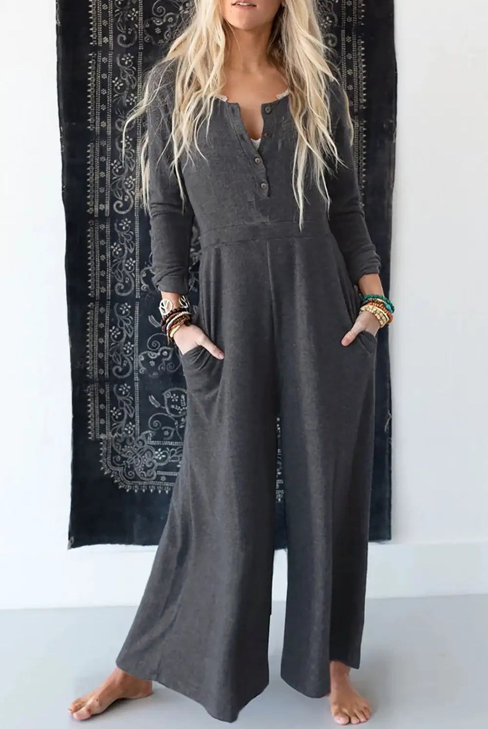 Grateful Threads Boutique Grey Button Long Sleeve Wide Leg Jumpsuit – Effortless Style & Comfort - One-Pieces Gray Button Long Sleeve Wide Leg Jumpsuit