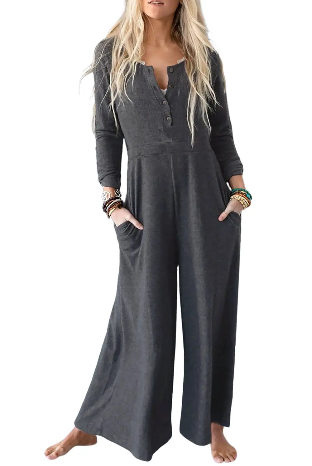 Grateful Threads Boutique Grey Button Long Sleeve Wide Leg Jumpsuit – Effortless Style & Comfort - One-Pieces Gray Button Long Sleeve Wide Leg Jumpsuit