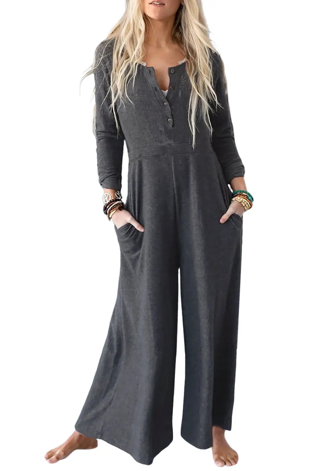 Grateful Threads Boutique Grey Button Long Sleeve Wide Leg Jumpsuit – Effortless Style & Comfort - One-Pieces Gray Button Long Sleeve Wide Leg Jumpsuit