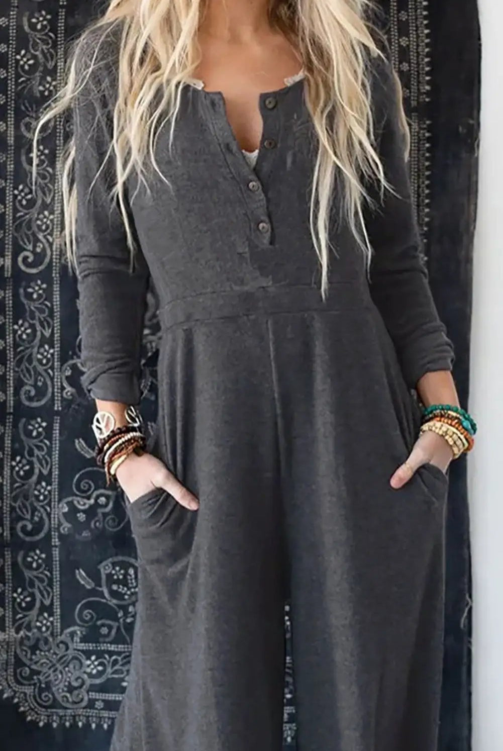 Grateful Threads Boutique Grey Button Long Sleeve Wide Leg Jumpsuit – Effortless Style & Comfort - One-Pieces Gray Button Long Sleeve Wide Leg Jumpsuit