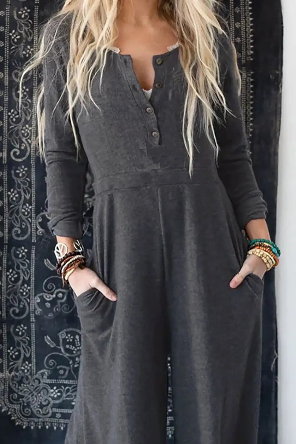 Grateful Threads Boutique Grey Button Long Sleeve Wide Leg Jumpsuit – Effortless Style & Comfort - One-Pieces Gray Button Long Sleeve Wide Leg Jumpsuit