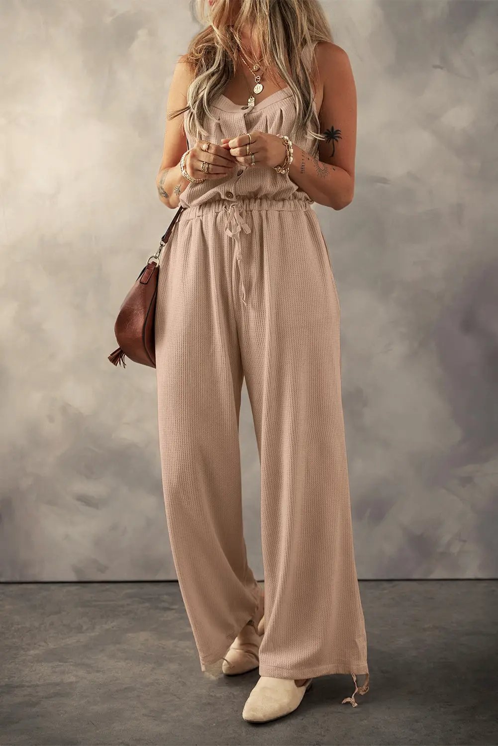 Grateful Threads Boutique Pale Khaki Knotted Strap Button Drawstring Jumpsuit – Casual Chic - One-Pieces Pale Khaki Knotted Straps Button Textured Drawstring Jumpsuit