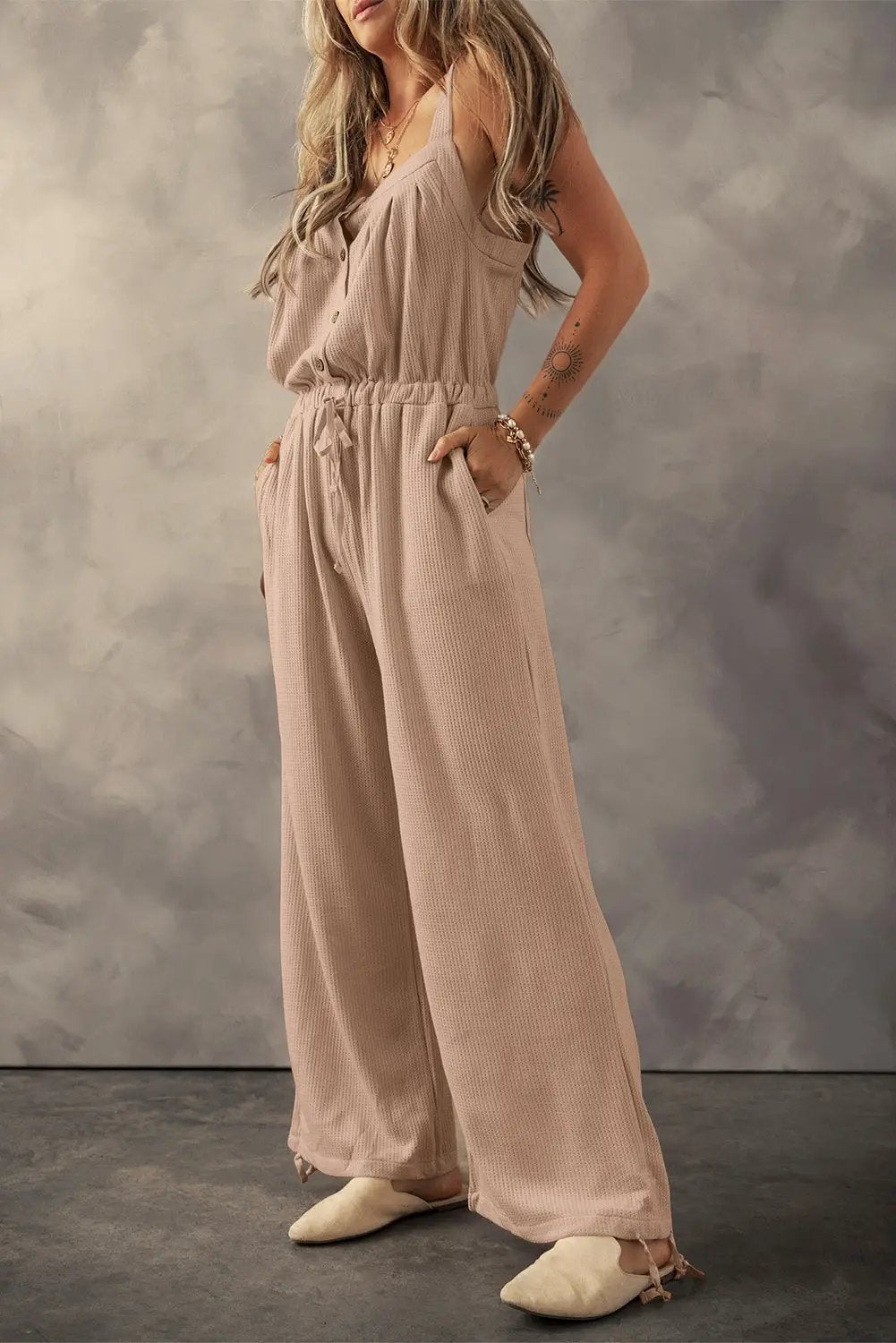 Grateful Threads Boutique Pale Khaki Knotted Strap Button Drawstring Jumpsuit – Casual Chic - One-Pieces Pale Khaki Knotted Straps Button Textured Drawstring Jumpsuit